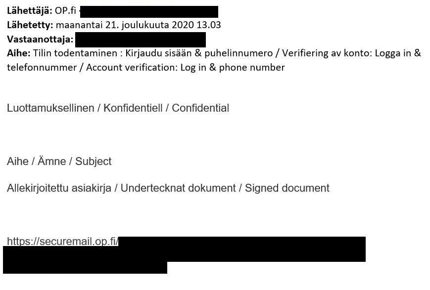 Kalastelusähköpostin aihe on Tilin todentaminen: Kirjaudu sisään & puhelinnumero/ Verifiering av konto: Logga in & telefonnummer / Account verification: Log in & phone number.